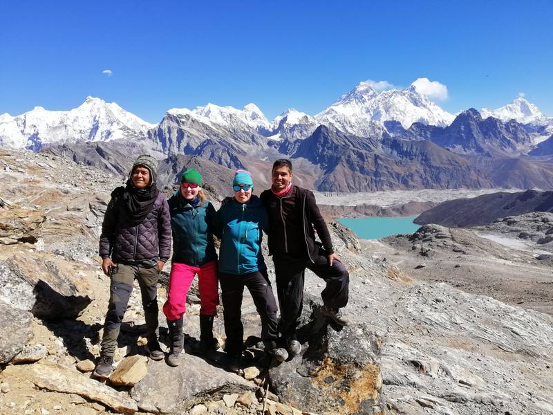 Trekkers at Gokyo Ri with Everest panorama